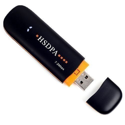A black HSDPA 4G/3G Universal SIM Modem with a USB connector, with the text 'HSDPA 7.2Mbps' printed on its body.
